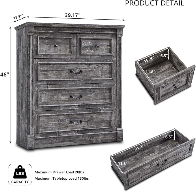 5 Drawers Dresser for Bedroom, Farmhouse 46" Tall Dressers & Chests of Drawers w/Roman Column, Wood Rustic Closet Dresser w/Two Different Drawer Sizes for Bedroom, Living Room, Light Grey