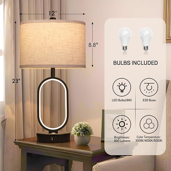 23" Bedside Lamps Set of 2, Farmhouse 3-Way Dimmable Touch Lamps for Nightstand, Built-in Night Light Bedside Table Lamp with USB A+C Ports, Black Table Lamp, LED Bulbs Included