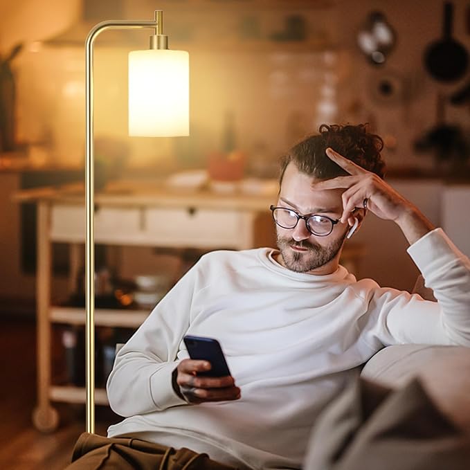 Floor Lamps for Living Room - Industrial Standing Lamp with Remote Control Glass Shade, Modern Gold Floor Lamp with LED Bulbs, Tall Lamp for Bedroom Office - Gold