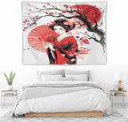 Japanese Red Geisha Tapestry Asian Cherry Blossom Traditional Kimono Folk Tapestries Home Decor for Living Room Bedroom Apartment Farmhouse Dorm 80"x60"