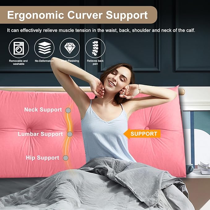 Large Triangular Headboard Pillows Long Backrest Positioning Support Bolster Cushion for Daybed Fluffy Quality Plush Body Wedge Pillow with Removable Cover(Pink -24x8x20in)