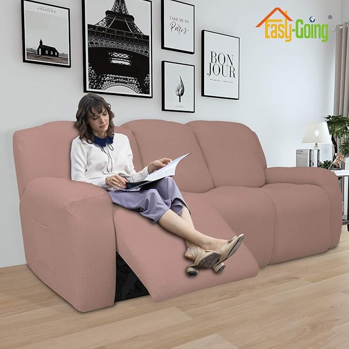 Easy-Going 8 Pieces Recliner Sofa Stretch Sofa Slipcover Sofa Cover Furniture Protector Couch Soft with Elastic Bottom Kids, Spandex Jacquard Fabric Small Checks Pink