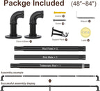 Industrial Curtain Rods for Windows 48 to 84, Wrap Around Blackout Curtain Rod,Heavy Duty Curtain Rods 2 Pack,1 Inch Outdoor Drapery Rods, Rustic Pipe Adjustable Drapery Pole 48-84 Inch,Black