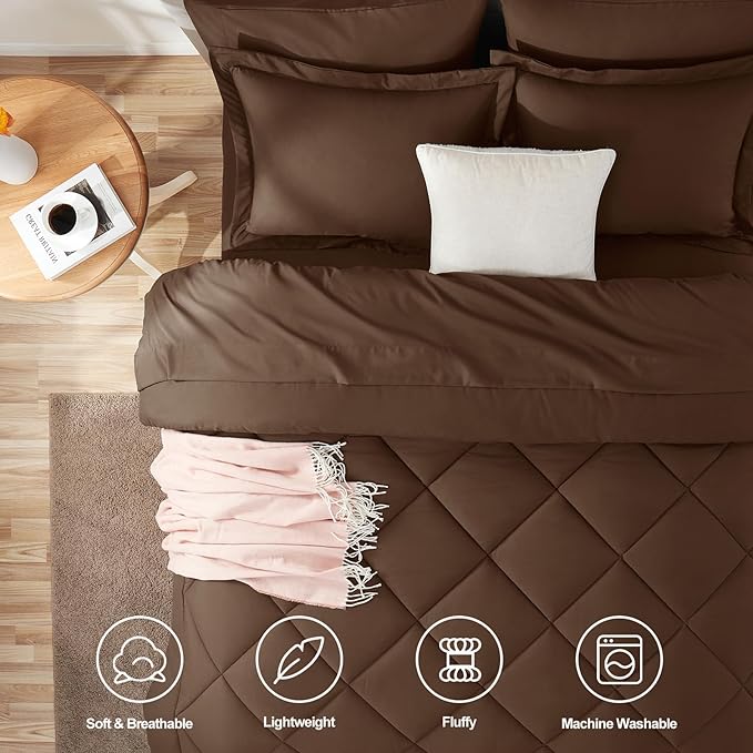 CozyLux King Size Comforter Set Brown - 7 Pieces Bed in a Bag King, Luxury Soft Bed Set for All Seasons, Bedding Set with Down Alternative Comforter, Sheets, Pillowcases & Shams