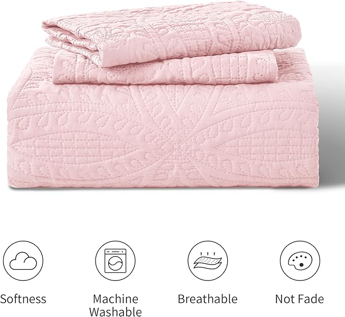 Love's cabin Quilts for Full Bed Pink Bedspreads Bedding Set - Lightweight Bedspread Comforter - Coin Pattern Bedding Coverlet for All Season - 3 Pieces (1 Quilt, 2 Pillow Shams)