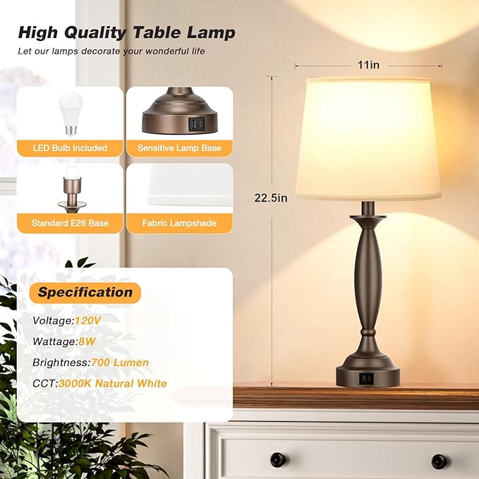 White Brown Lamps for Bedrooms Set of 2 - Touch Control Bedside Lamp with USB C+A, 3 Way Dimmable Nightstand Lamps with USB Port, Table Lamp for Living Room(White Shade and Brown Base)