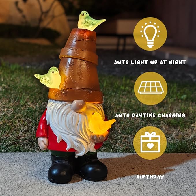 COWOS Solar Garden Figurine, Cute Resin Gnome Sculpture, Garden Statues Outdoor Decor, Funny Gnome Gift Sculpture Decoration for Home Patio Yard Lawn Porch Ornament