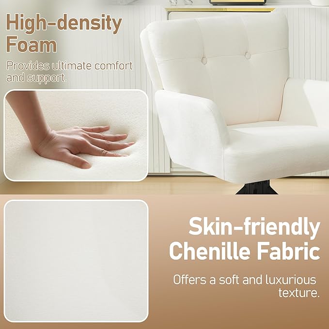 Fabric Dining Chair Modern Upholstered Swivel Dining Room Chairs Comfy Accent Armchair with Mid Back, Desk Arm Chair No Wheels for Kitchen/Living Room/Dining Room, White