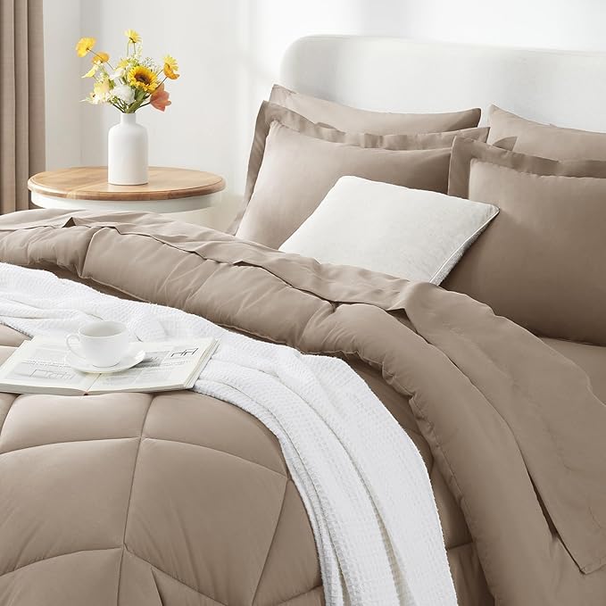 CozyLux Queen Comforter Set Khaki - Bed in a Bag Queen Size 7 Pieces, Luxury Soft Bed Set for All Seasons, Bedding Set with Down Alternative Comforter, Sheets, Pillowcases & Shams