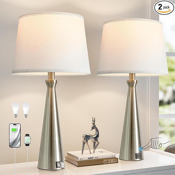 Seealle Modern Table Lamps Set of 2 - Touch Bedside Lamp for Nightstand with USB C+A,3-Way Dimmable Silver Nightstand Lamps for Living Room Bedroom End Table with White Shade(Bulb Included)