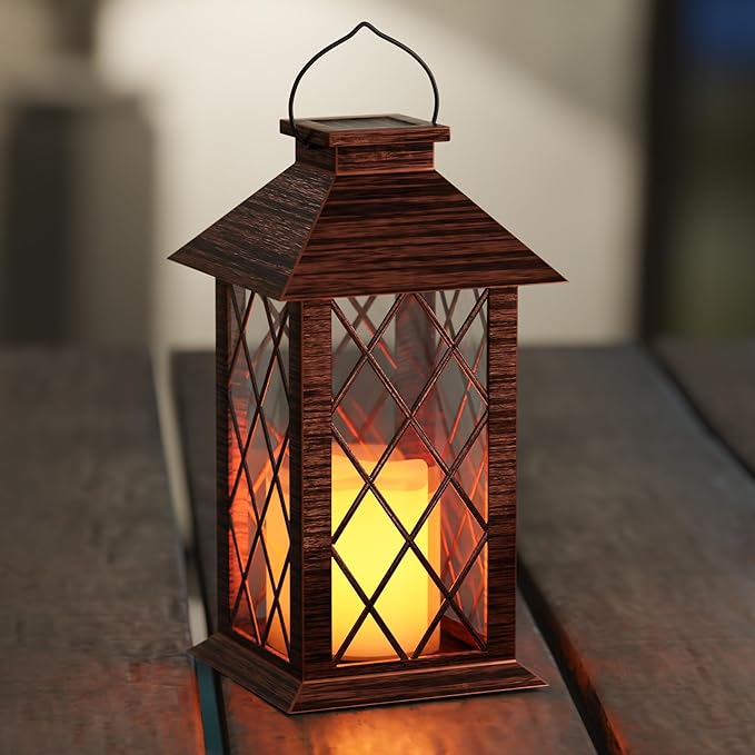 Solar Lanterns Outdoor, Waterproof Garden Hanging Lanterns, 13" Outdoor Decorative Lantern with LED Flickering Flameless Candles, Vintage Lantern for Porch, Yard,Patio Decor, 1 Pack