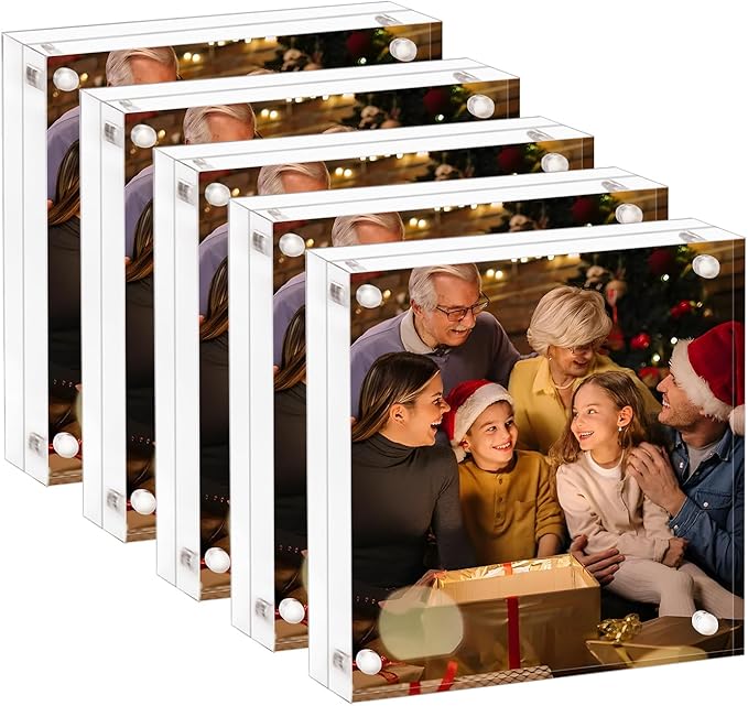 Acrylic Picture Frame 6x6-5 Pack, Clear Double Sided Frameless Photo Frame with Magnetic, Free Standing Desktop Acrylic Frame Display, Lucite Frame with Gift Box Package
