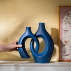 Levvohd Snuggle Hollow Ceramic Vase Set of 2, 11 inch Modern Nordic Coastal Shaped Pampas Grass Aesthetic Decorative Table Vases for Living Room Shelf Home Decor (Matte Navy Blue -L)