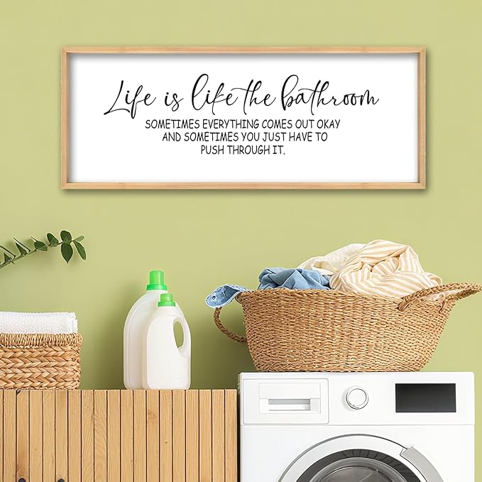 ZZJJHYWGQ Life Is Like The Bathroom Wall Decor 32×12 Inch Large Laundry Wood Framed Sign for Funny Restroom Toilet Wall Hanging Art (Wood)