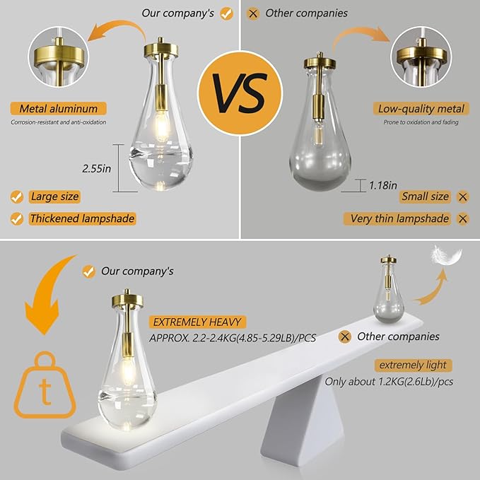 Raindrop Pendant Lights Kitchen Island Set of 2 Teardrop Gold Hanging Light Fixtures Clear Solid Glass Pendant Light Modern Chandeliers for Dining Room Porch Corridor Living Room…