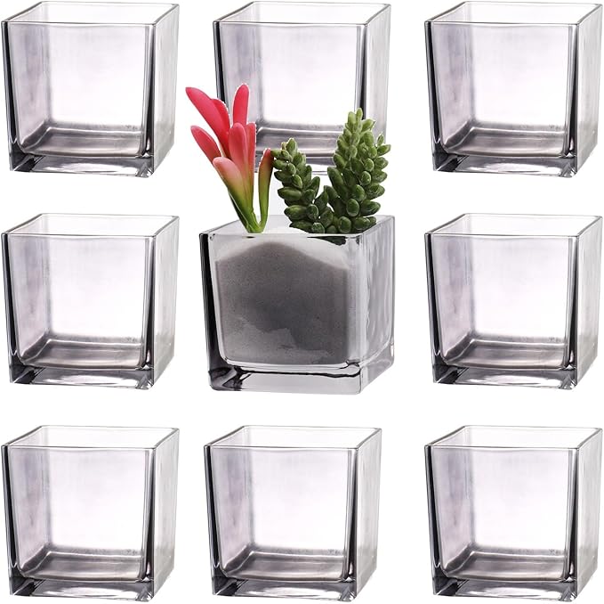 Square Flower Vases Set of 9, 3"x 3"x 3" Glass Vases for Centerpieces, Grey Vase for Flowers, Small Vase for Wedding, Party, Home Office Decoration