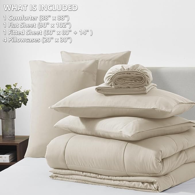 CozyLux Queen Comforter Set Oatmeal, 7 Pieces Bed in a Bag, Oatmeal Comforter Queen Size, All Season Bedding Sets with Stitch Quilted Comforter, Flat Sheet, Fitted Sheet, Pillowcases