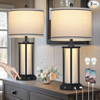 27" Tall Vintage Table Lamp Set of 2 with USB C+A & Outlet,Black Industrial End Table Lamp for Living Room,Farmhouse Rustic Bedside Lamps with Frosted Glass Night Light for Bedroom Nightstand,Black