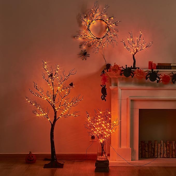 LITBLOOM Halloween Tree with Lights Plug in 4FT 150 Orange Fairy Lights, Lighted Black Spooky Tree for Indoor Outdoor Home Fall Halloween Decoration
