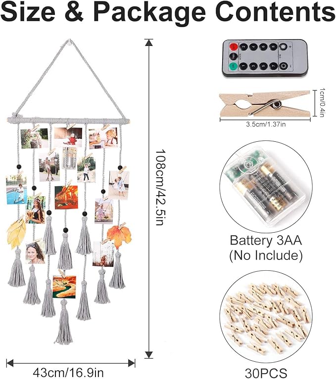 Homecor Hanging Photo Display Wall Decor, Gray Macrame Wall Hanging Boho Room Decor, Picture Frame Collage Board with Remote Light 30 Clips, Bedroom Home Decor, Christmas Mom Grandma Teen Girl Gifts