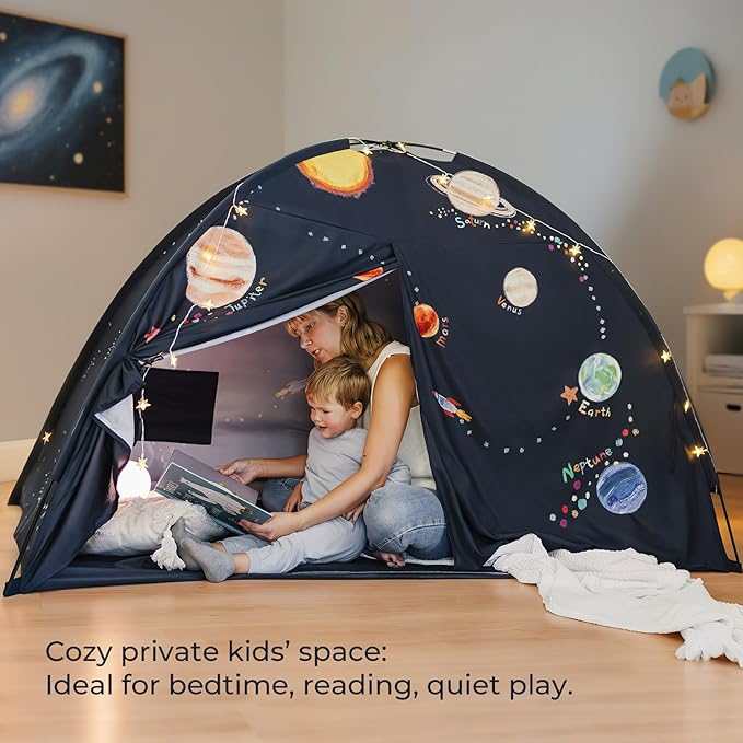 Tiny Land Space Galaxy Bed Tent for Kids – Sleep Bed Canopy with 9 Planets Design, Easy-to-Install Indoor Kids Play Tent, Imaginative Playhouse, Ideal Gift for Boys & Girls – 77" x 40" x 46"