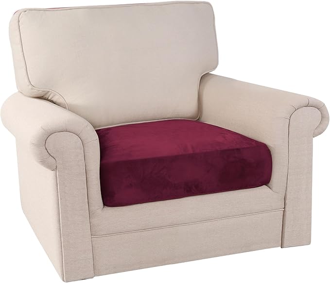 PrinceDeco Stretch Velvet Couch Cushion Cover,Soft Cushion Slipcover for Chair Cushion Furniture Protector Seat Cushion Sofa Cover Width Up to 29.5", Burgundy