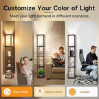 OUTON Floor Lamp with Shelves, LED Shelf Floor Lamp with USB & Type C Ports, 1 AC Outlet, 3 Color Temperature, Storage Display Wood Column Tall Standing Lamp for Living Room, Bedroom Office, Walnut