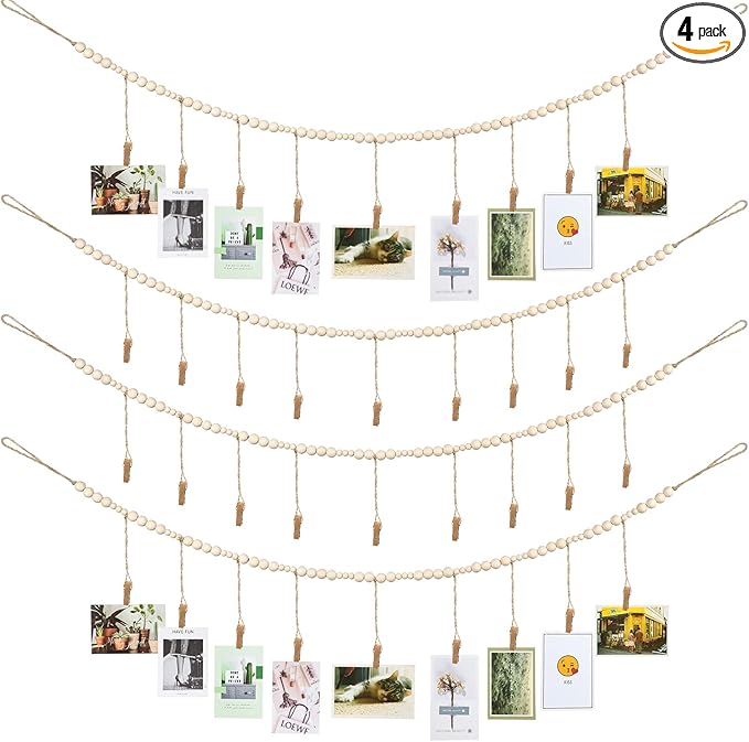 Wall Hanging Photo Display with Wooden Beads Garland 4 Feet Boho Collage Picture Frame DIY Picture Photo Frame Set with 9 Wood Clips for Rustic Country Home, Office Nursery Room Decoration(4 Pieces)