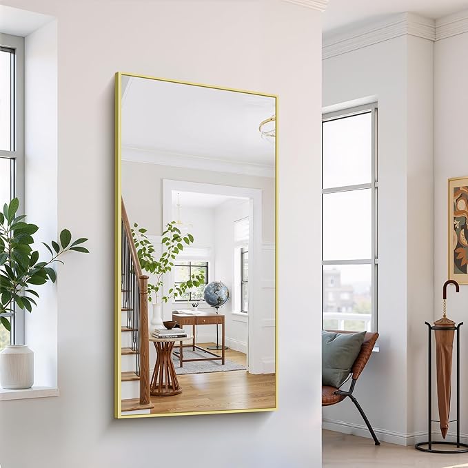 YIROMAN Bathroom Mirror 60"x30", Large Brushed Gold Bathroom Mirror for Over Sink with Aluminum Frame, Rectangular Vanity Mirror with Right Angle, Wall Mirror Hangs Horizontal or Vertical