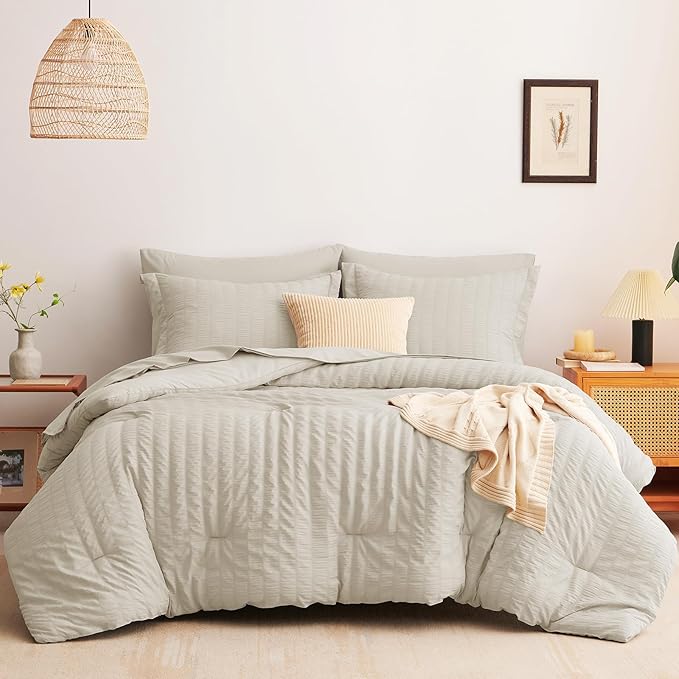 CozyLux King Size Comforter Set Oatmeal Seersucker 7 Pieces Bed in a Bag King Comforter Set with Sheets, Luxury Bedding Set with Down Alternative Comforter, Sheets, Pillowcases & Shams All Seasons