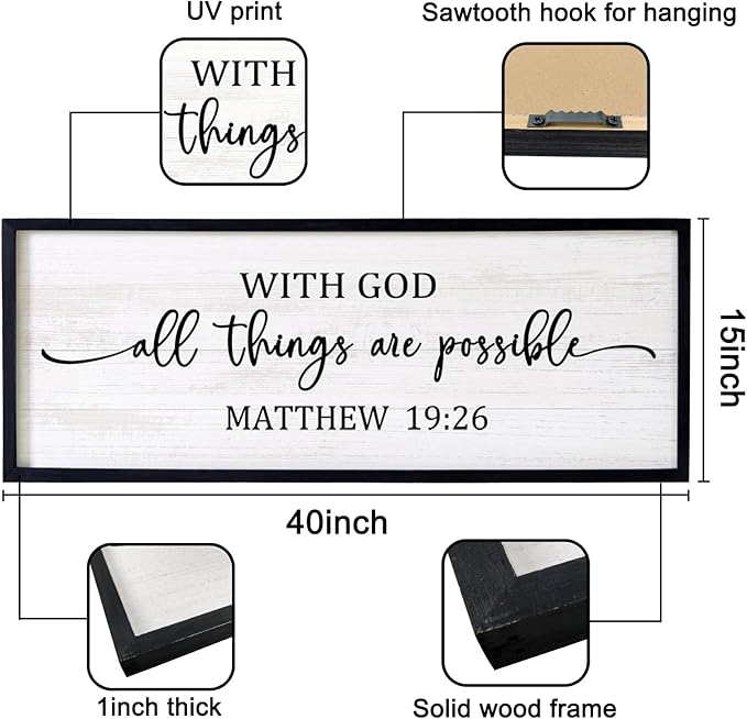 With God All Things are Possible Framed Wall Art, 40''×15'' Positive Holy Religious Rustic Bible Verse for Christian God Jesus Christ Prayer, Vintage Horizontal Inspirational Catholic Scripture Decor
