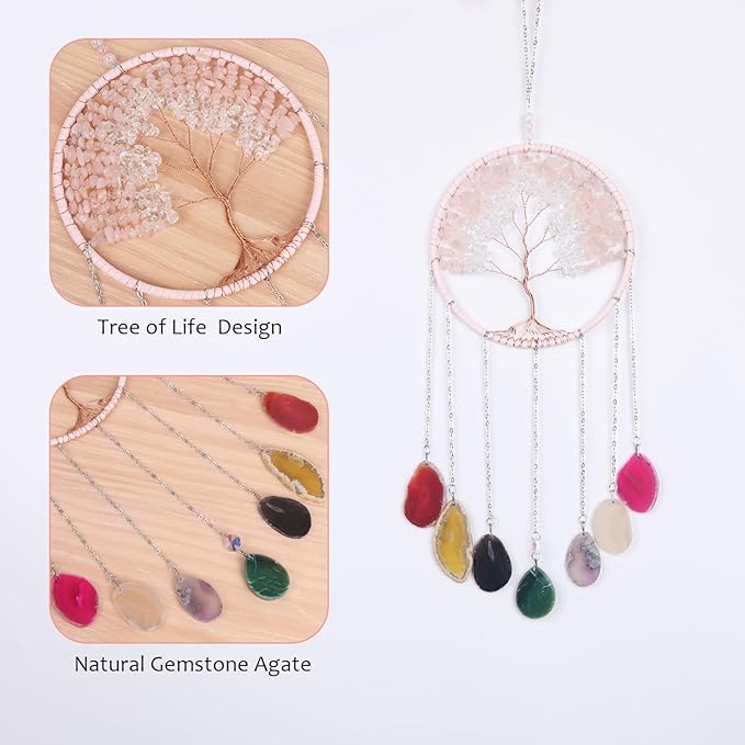Pink 7 Agates Gemstone Dream Catcher 7 Chakras Tree of Life Dream Catcher with Healing Crystal Stones Handmade Dreamcatcher Wall Decor for Adults Boys Girls,Bedroom,Wedding,Garden,Bless Gift