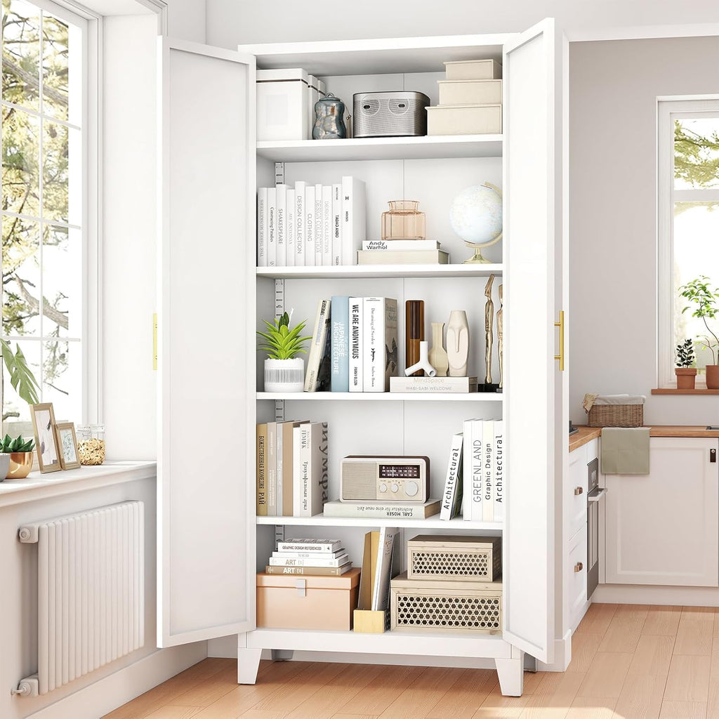 70.87" H Metal Kitchen Pantry Cabinet, Freestanding Cupboard with 2 Doors and 4 Adjustable Shelves, Tall Metal Storage Cabinet for Kitchen, Bathroom, Dinning Room or Laundry Room （White）