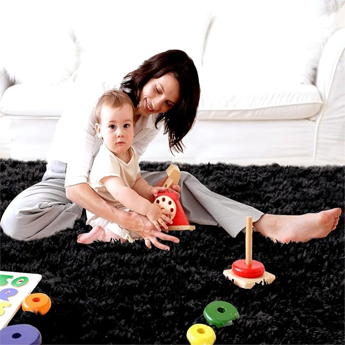 Black Area Rug for Living Room: 5x8 Black Fluffy Area Rugs for Bedroom-Shag Area Rug,Indoor Ultra Soft Fluffy Plush Carpet for Living Room,Bedroom (5x8 Feet, Black)