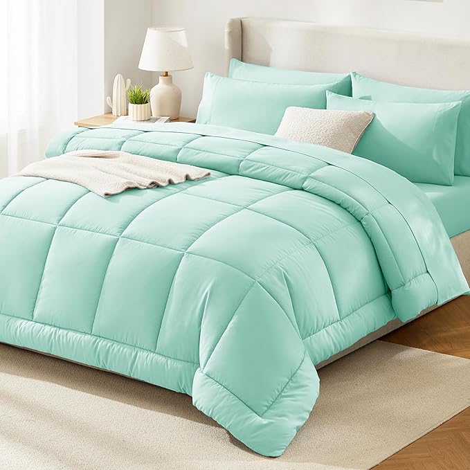 CozyLux King Size Comforter Set Mint Green, 7 Pieces Bed in a Bag, Green Comforter King Size, All Season Bedding Sets with Stitch Quilted Comforter, Flat Sheet, Fitted Sheet, Pillowcases