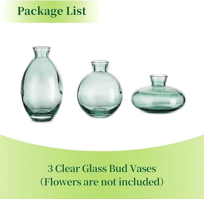 Glass Bud Vases Set of 3, Hewory Cute Green Small Vases Handmade, Mini Glass Flower Vase for Floral Arrangements, Tiny Centerpiece for Home Office Wedding Party Events Table Decor (Not Include Flower)