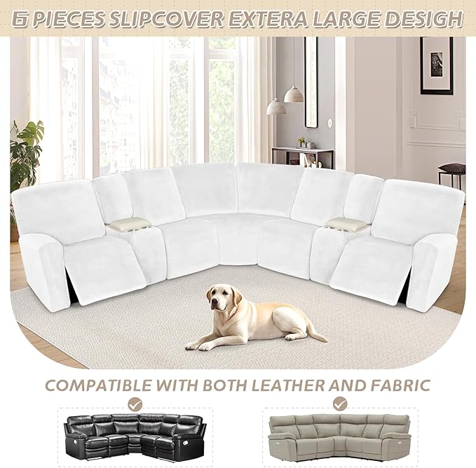Arfntevss Sectional Recliner Couch Covers Velvet Washable Corner Sectional Sofa Cover for Reclining Couch Stretch Soft Thick L Shape Recliner Slipcover Set (5 Seat with 2 Console Cover, White)