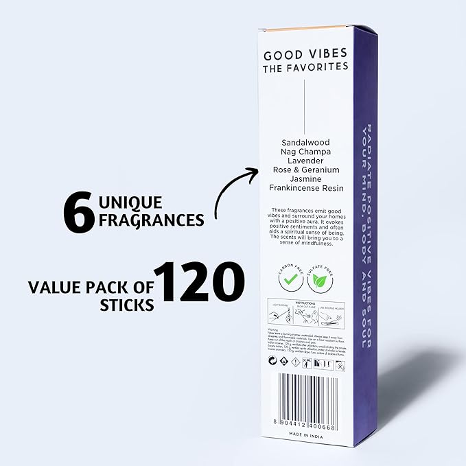 Folkulture Incense Sticks | Set of 6 (120 Non Toxic Insence-Sticks) with 45 Mins Burn Time | Lavender, Frankincense, Rose and Geranium, Jasmine, Sandalwood | Organic Nag Champa Inscents-Sticks