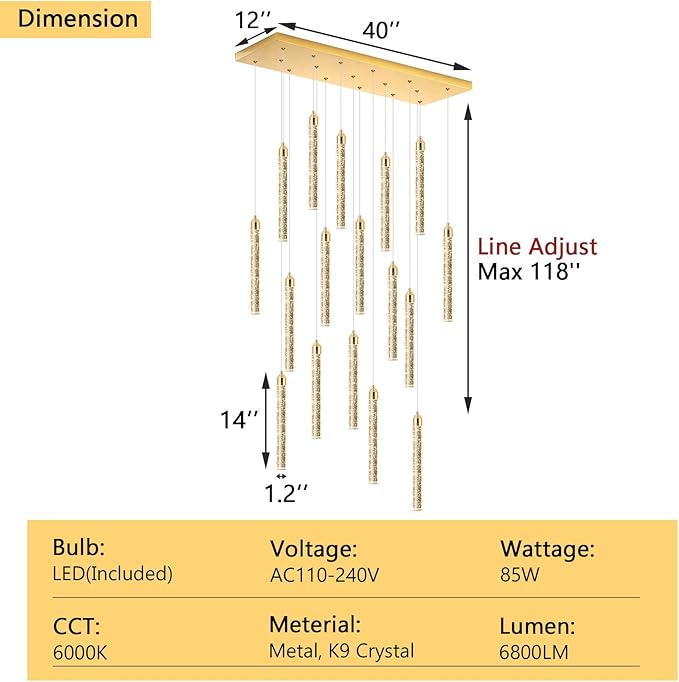 Rectangular Chandeliers 17-Lights Long Light for Entryway LED Dimmable Chandeliers Lighting Fixture Flat Sloped High Ceiling Pendant Lights Crystal for Living Room Foyer Hallway Staircase Gold