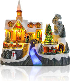 Christmas Village House Musical Christmas Collectible Buildings Church Train Snowman Children Skating with LED Lights Vacation Village with USB Indoor Figurines Indoor Tabletop Decoration