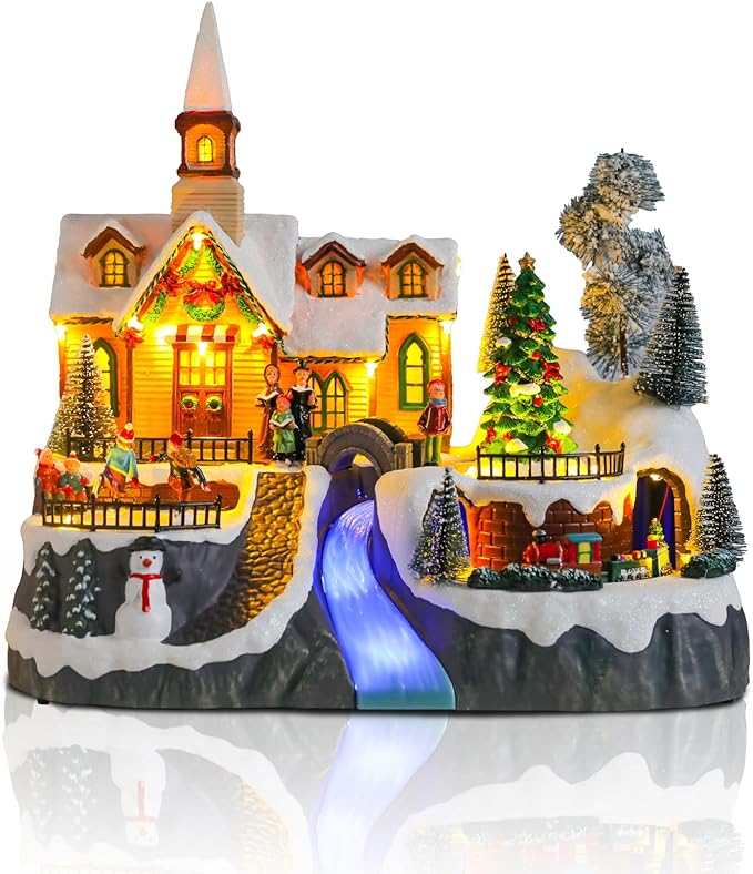 Christmas Village House Musical Christmas Collectible Buildings Church Train Snowman Children Skating with LED Lights Vacation Village with USB Indoor Figurines Indoor Tabletop Decoration