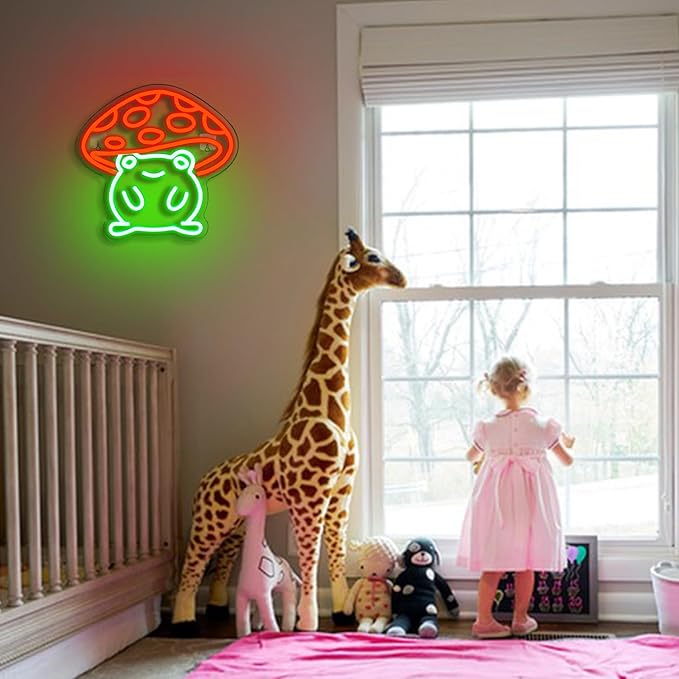 WLHOPE Mushroom Frog Neon Light for Wall Decor - Cute Green Red LED Sign for Bedroom, Kids Room, Home, Bar, Party, Classroom, Game Room