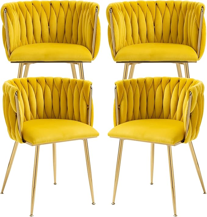 Nrizc Woven Dining Chairs Set of 4, Velvet Upholstered Dining Chairs with Gold Metal Legs, Modern Accent Chairs for Living Room, Dining Room, Kitchen (Yellow)