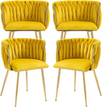 Nrizc Woven Dining Chairs Set of 4, Velvet Upholstered Dining Chairs with Gold Metal Legs, Modern Accent Chairs for Living Room, Dining Room, Kitchen (Yellow)