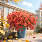 Fall Outdoor Artificial Flowers 16 Bundles - UV Resistant Faux Daisy with Eucalyptus Leaves, Weatherproof Fake Plants for Porch, Patio, Garden Decor, Indoor Outdoor Decor (Fall Orange Red)