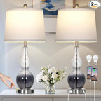 27.5" Gradual Gray Clear Glass Table Lamp Set of 2,3-Way Dimmable Touch Control Bedside Lamps with USB Ports and AC Outlet, Modern Nightstand Lamps for Bedroom Living Room