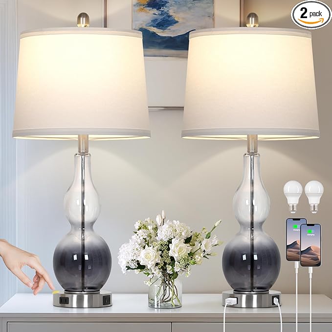 27.5" Gradual Gray Clear Glass Table Lamp Set of 2,3-Way Dimmable Touch Control Bedside Lamps with USB Ports and AC Outlet, Modern Nightstand Lamps for Bedroom Living Room