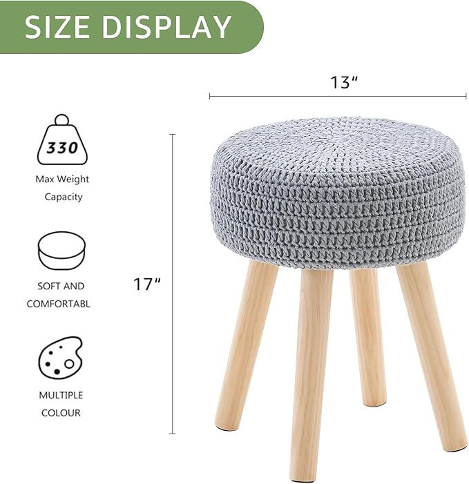 Wimarsbon Pouf Ottoman, 100% Cotton Knitted Boho Footstool, Round Footrest with Non-Skid Wood Legs, Home Décor Handmade Pouffe, Leisure Floor Step Stool for Living Room (Long Leg - Gery)