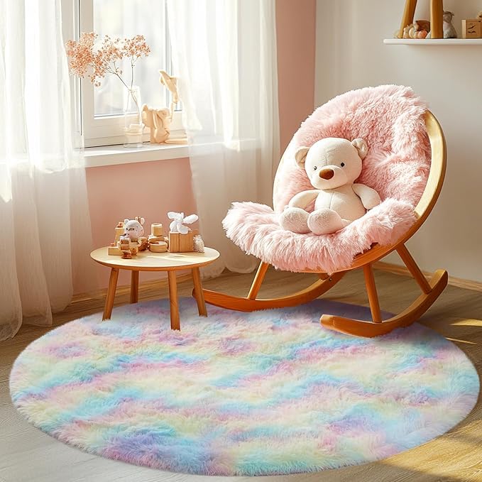 Round 5x5 ft Fluffy Rainbow Rug: Ultra Soft Furry Girls Bedroom Carpet- Colorful Oval Plush Shag Nursery Rug for Girls Room & Kids Room, Cute Home Decor