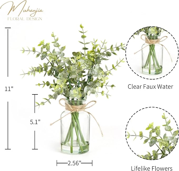 Artificial Eucalyptus Stems in Glass Vase with Faux Water,7Pcs Fake Plant for Centerpiece Bathroom Farmhouse Room Home Decor (Sage Green Eucalyptus)